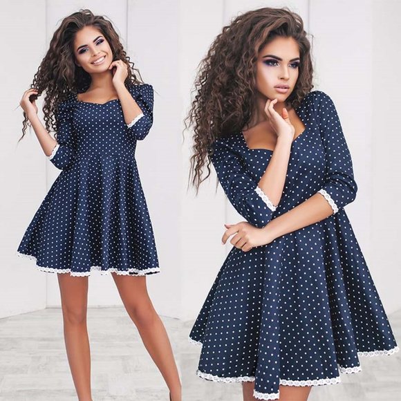 Navy dress with white polka dots-size XL - Picture 2 of 5